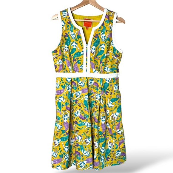 MODCLOTH 100% Cotton Shell & Lining Yellow Purple Mermaid Dress Fit & Flare Sz L - Picture 4 of 13